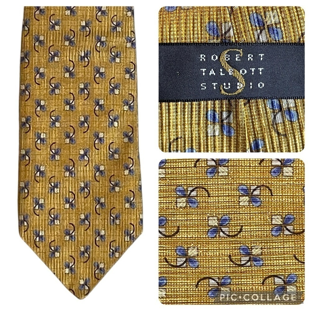 Robert Talbott Studio Yellow Gold Blue Geometric Print Silk Business Luxury Tie